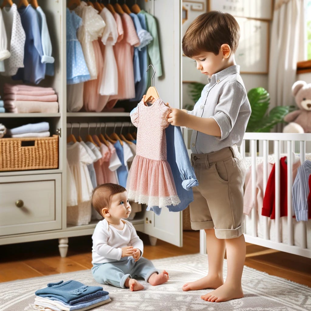 A heartwarming scene of a four-year-old boy carefully choosing clothes for his baby sister. The boy, standing in front of an open wardrobe filled with tiny dresses, onesies, and baby clothes, is holding up two outfits, trying to decide which one his sister should wear. His expression is one of serious contemplation, showing his dedication to the task. The baby sister is sitting nearby in a crib, watching her brother with a look of curiosity and trust. The room is bright and cheerful, decorated with soft colors and child-friendly decor, creating a nurturing environment. This image captures the sweet bond between siblings and the boy's earnest attempt to take care of his younger sister, reflecting the innocence and purity of childhood relationships.