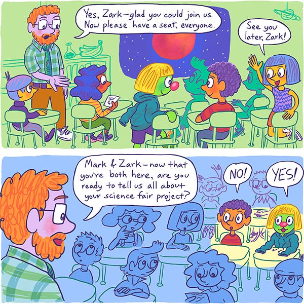 The science teacher asks Zark to sit down next to Mark. The classroom settles down. The room becomes blue and there is a spotlight on Mark and Zark who look surprised. The teacher says since they are both here maybe they can talk about their science project. At the same time Mark says, No!” and Zark says, “Yes!”