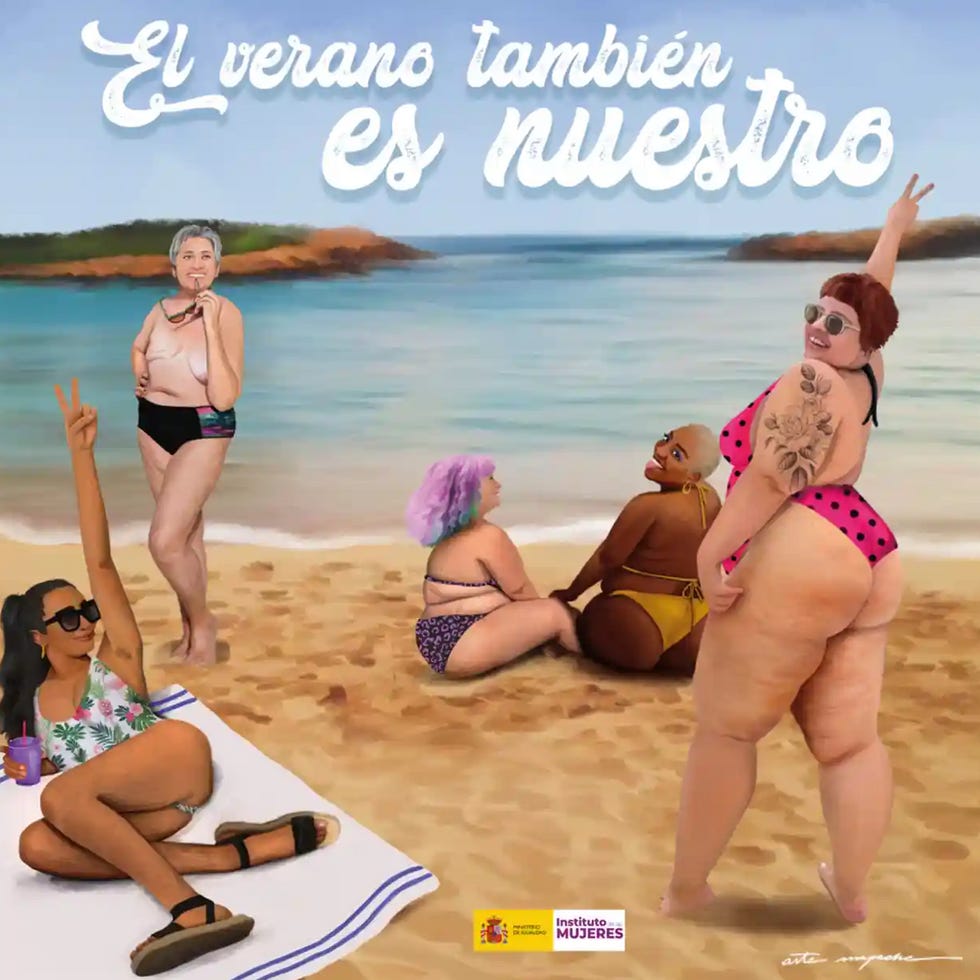 Fat ladies and old ladies and ladies of color on the beach in Spain