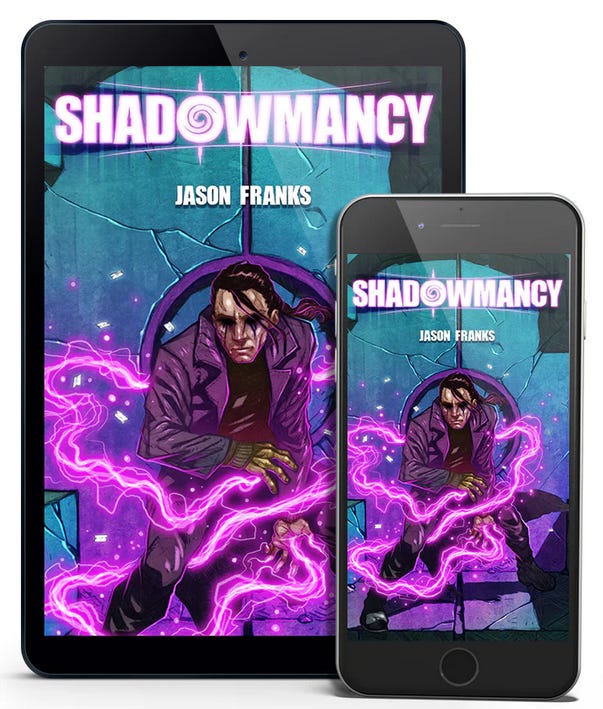 Shadowmancy mockups on phone and tablet