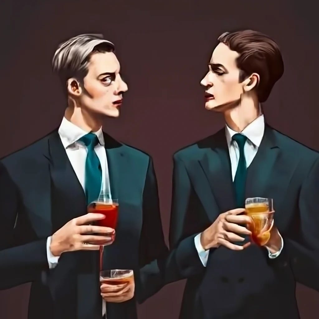 two men in suits conversing and drinking martinis