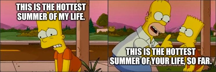 There are two panels. On the left we see an image of Bart Simpson slouching sadly against a background of the sunset. White text across the top says “This is the hottest summer of my life.” On the right panel, Homer Simpson joins Bart, and we see him holding a finger up. The text across the image says “This is the hottest summer of your life, so far.” 