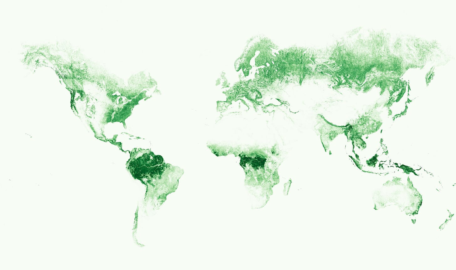 A map of the world’s canopy height obtained from AI models analyzing high resolution satellite imagery.
