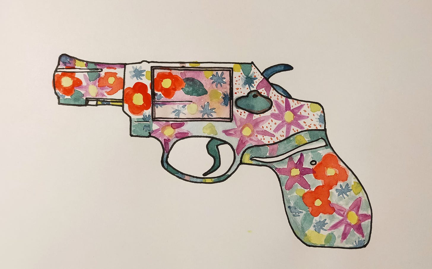 The handgun, water colour by Alia Parker. Mind Flexing. Copyright.