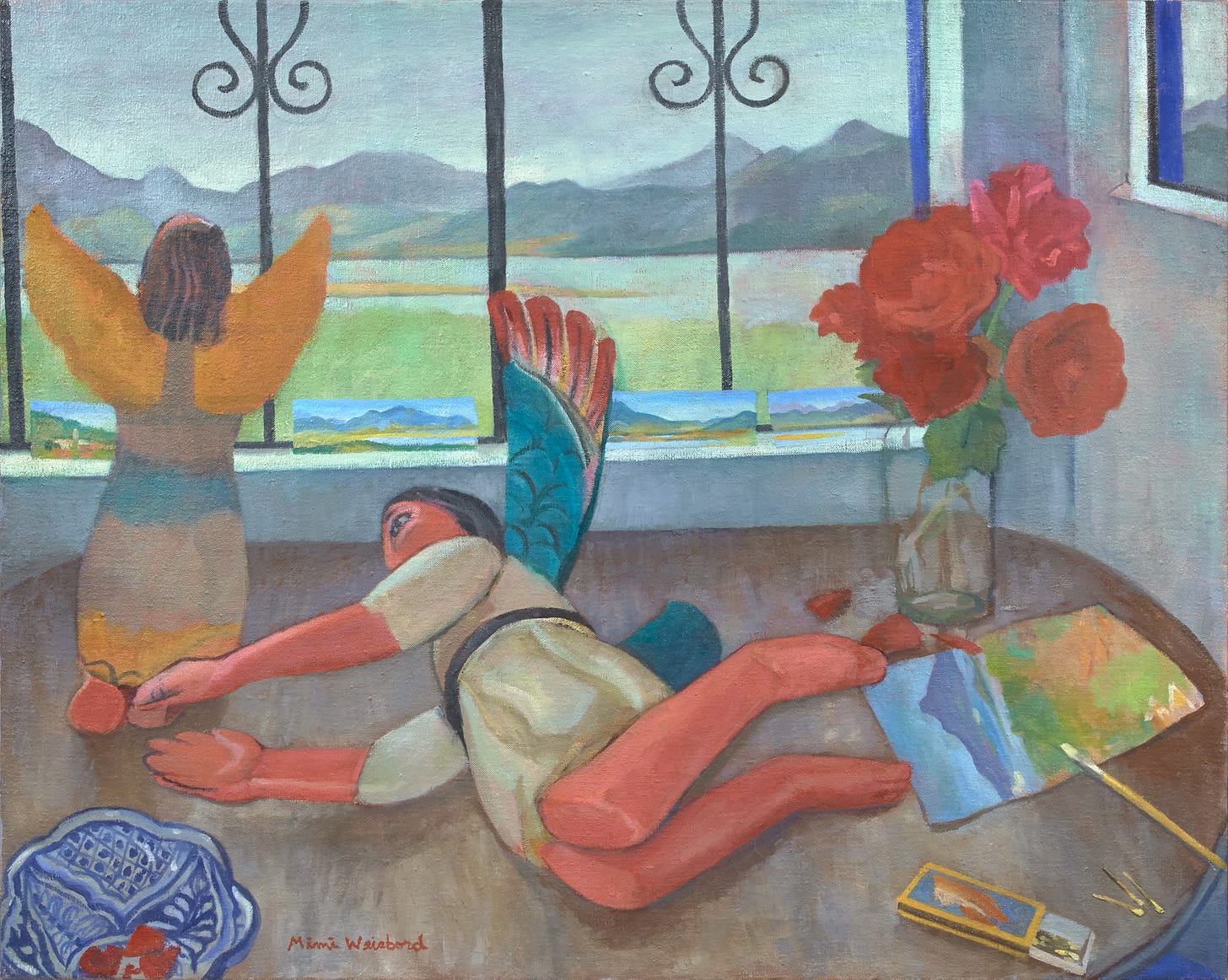 A table before a window with iron bars overlooking a landscape of mountains, a lake, and greenery. On the windowsill are small painted landscapes of the same hills. In the foreground is a table supporting two wooden angels, one kneeling facing out the window, the other tumbled over on his side, arms forward, legs bent. Also on this table are a vase with red flowers, a small landscape of the same view on paper with a paintbrush, an open box of matches, and a ceramic bowl painted with an intricate design.