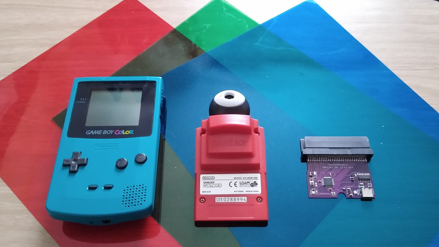 Equipment used: My Game Boy Color, Game Boy Camera, and a GBxCart device (Photo credit: Johto Times)
