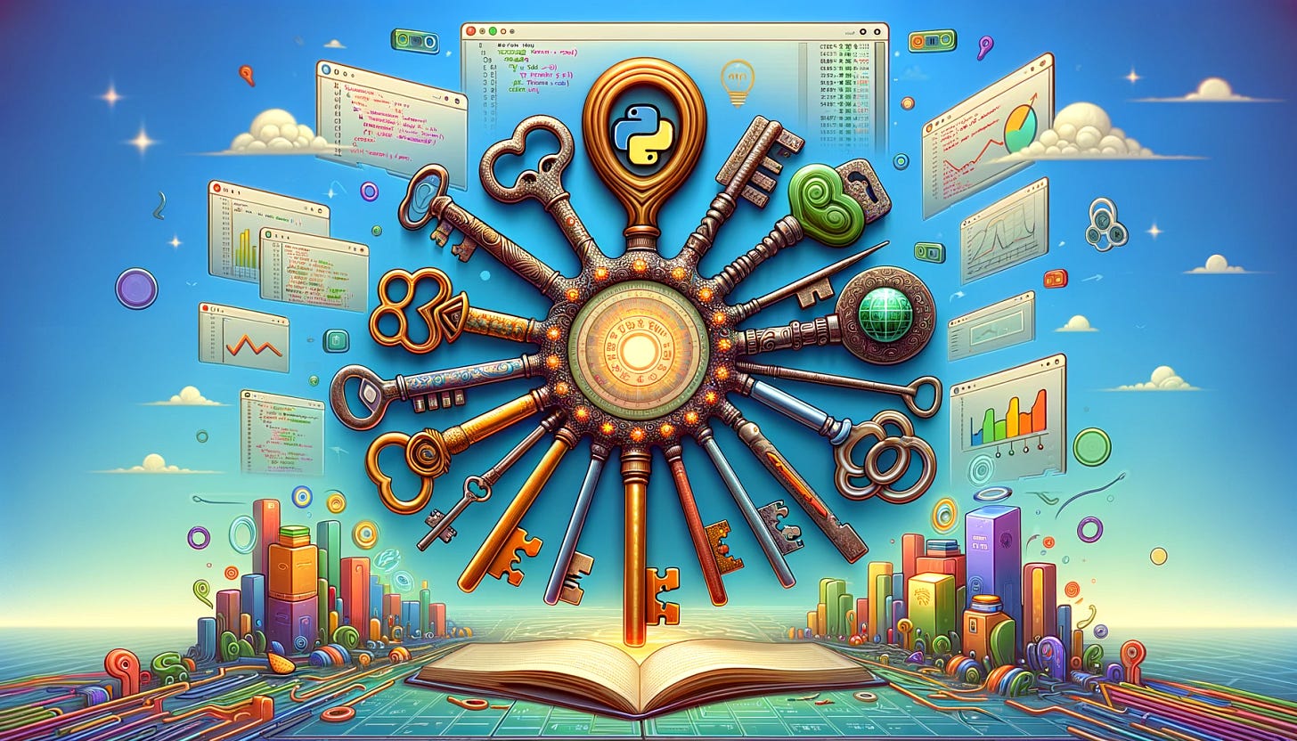 The image is designed for an article about profiling various types of software in Python, symbolizing the concept of providing 'all the keys' to the readers. The central element is a large, intricate key ring holding a diverse array of keys. Each key is uniquely designed to represent different aspects of software profiling: one key looks like a Python script, another resembles a function, a third key is shaped like an API, and another like a web application. The background features a digital landscape with Python code snippets and profiling graphics (graphs, timers) floating around, suggesting the idea of unlocking the potential of software through profiling. The scene should be colorful, engaging, and informative, illustrating the concept of giving readers the essential tools and knowledge for software profiling in Python.