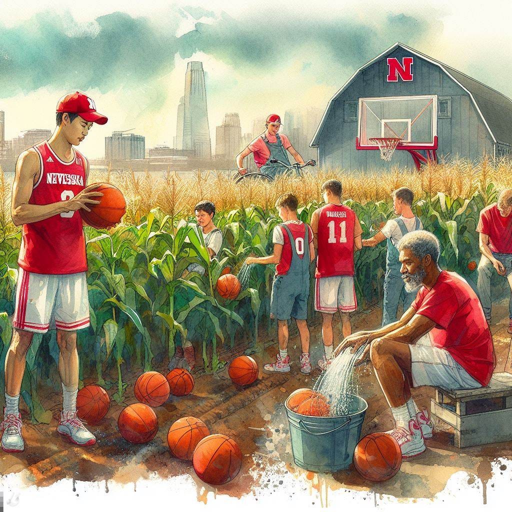 Nebraska basketball players working on a farm that grows basketballs, watercolor