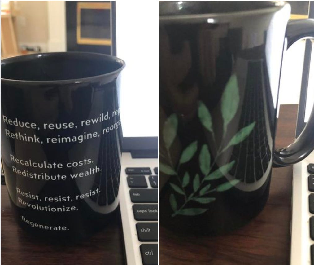 Black mug sitting on a wood-colored lapdesk next to a Framework modular, repairable laptop (to reduce e-waste).  The mug has white words on the black background:  Reduce, reuse, rewild, repair. Rethink, reimagine, reorganize.  Recalculate costs. Redistribute wealth.  Resist, resist, resist. Revolutionize.  Regenerate.