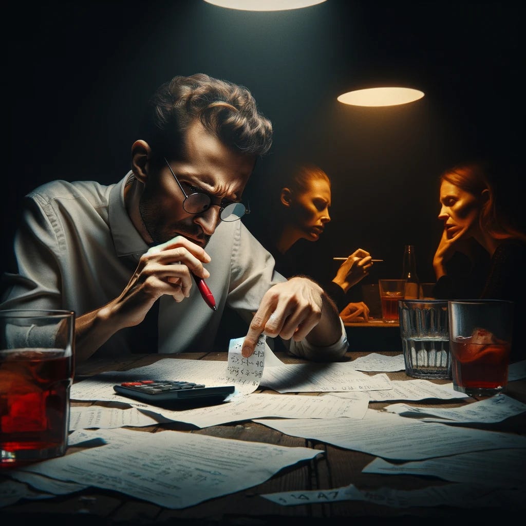 A dark and moody restaurant scene with dramatic contrast lighting. An adult is hunched over a napkin, intensely focused and frustrated, using a lipstick to do complicated mathematics. Papers and drinks are scattered around the table, enhancing the chaotic atmosphere. The scene conveys a sense of tension and distrust among the other visible patrons, each with a skeptical or exhausted expression, subtly implying a shared concern over the fairness of the bill splitting. The overall mood is one of weariness and forced trust in the calculations made.