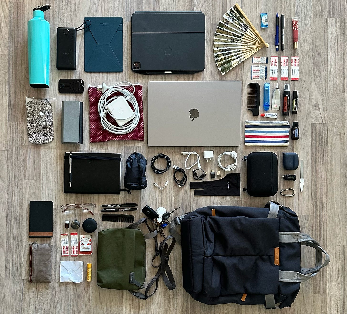 Two bags and their contents are spread in a grid formation on a multi-shade grey laminate floor. There’s an aqua drink bottle, iPad Pro, MacBook Pro, various cables, notebooks, and personal items. The full list can be found in the article itself.