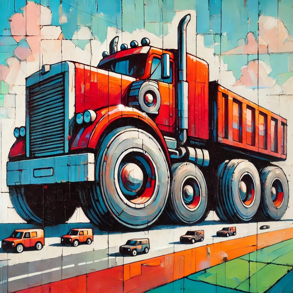 An abstract painting with an oversized, heavy car dominating the canvas, symbolizing the dangers of large cars in accidents. The car is extremely large in comparison to the background, with vibrant red and orange tones, exaggerated headlights, windows, and tires. The background features minimal, flat shapes in green and blue, representing roads and nature, but the massive car takes up most of the space. The brushstrokes are visible, adding texture to the flat, two-dimensional composition, emphasizing the overwhelming size and weight of the vehicle in a playful yet striking manner.