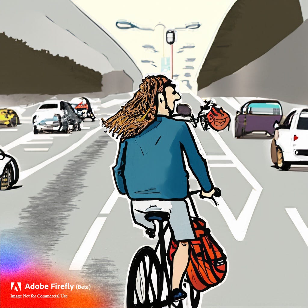 man on bicycle with bag in traffic