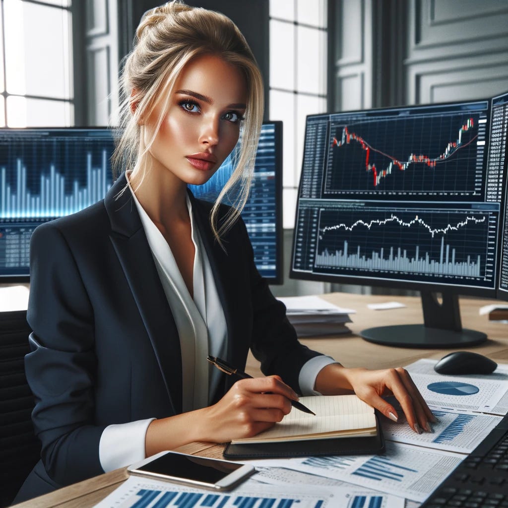 An attractive blonde woman in a business suit, sitting in front of a computer with multiple monitors displaying stock market graphs and financial data. She is intently studying the screens, with a look of concentration and determination on her face. The setting is a modern office, with a sleek desk and various financial newspapers scattered around. The woman has a pen in one hand and is making notes on a notepad. The overall atmosphere is that of a professional stock market analyst preparing for an earnings report.