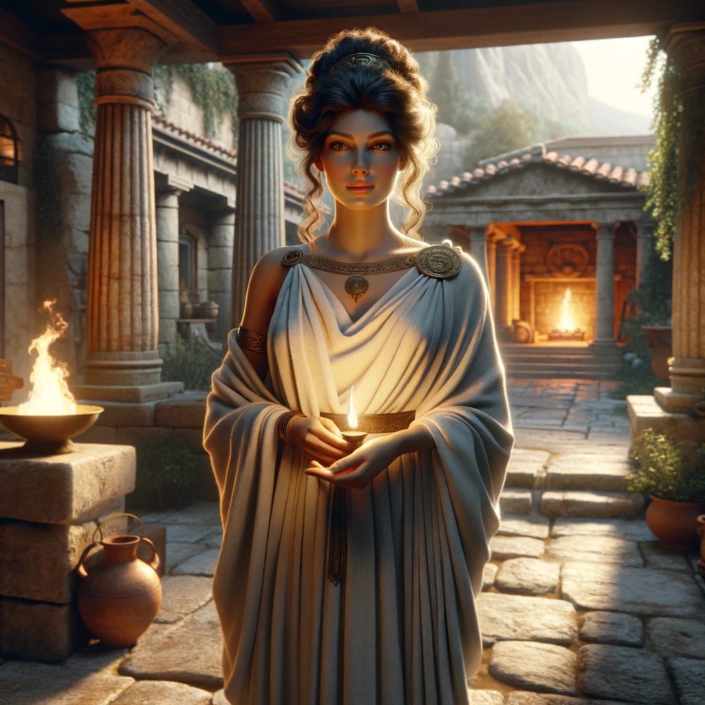 Create a visually captivating image of Hestia, the Greek goddess of the hearth, home, and family. She should be portrayed with a calm and welcoming demeanor, standing in an ancient Greek house's courtyard. Hestia is dressed in a traditional Greek chiton, draped elegantly around her form. In one hand, she holds a lit torch or small flame, symbolizing her dominion over the hearth and domestic life. Around her, the scene is peaceful, with an ancient Greek architecture backdrop featuring stone columns, a warm fireplace in the distance, and lush greenery indicative of a well-kept household sanctuary. Her hair is styled in classic Greek fashion, and her expression exudes a sense of serenity and protective warmth, inviting onlookers into the safety and comfort of the home.