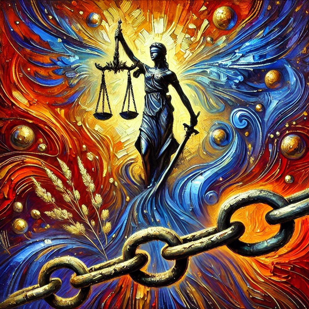 Create a vibrant oil painting styled square image with expressive strokes and rich, bold colors. The image should evoke themes of legal battles, authority, and the conflict of law, inspired by discussions on the Quarantine Act and rights like bodily autonomy. Depict abstract, imposing legal symbols such as scales of justice, intertwined with chains being broken, representing the tension between government mandates and personal freedom. The colors should be strong and dramatic, with deep blues, reds, and gold to reflect the gravity and intensity of the subject matter.