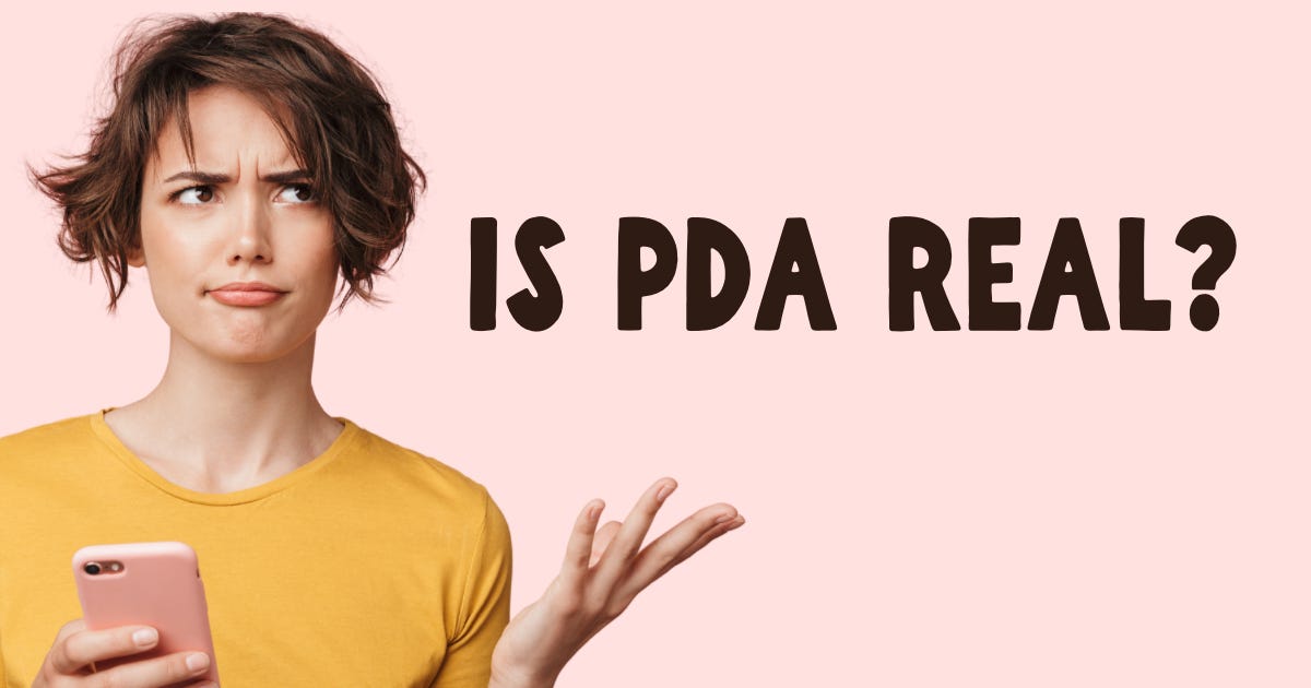 A photograph of a femme-presenting person with light tan skin and dark brown short hair on a light pink background. They look confused, and are holding a phone in a pink case in one hand, and holding their other hand palm-up. Text next to them says “IS PDA REAL?”