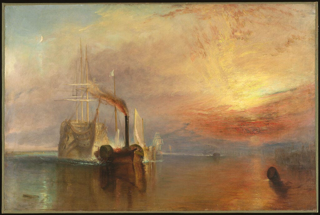 Sunset on a calm ocean, rendered in loose brushstrokes, old ships on the left, their reflections shimmer in the water.　