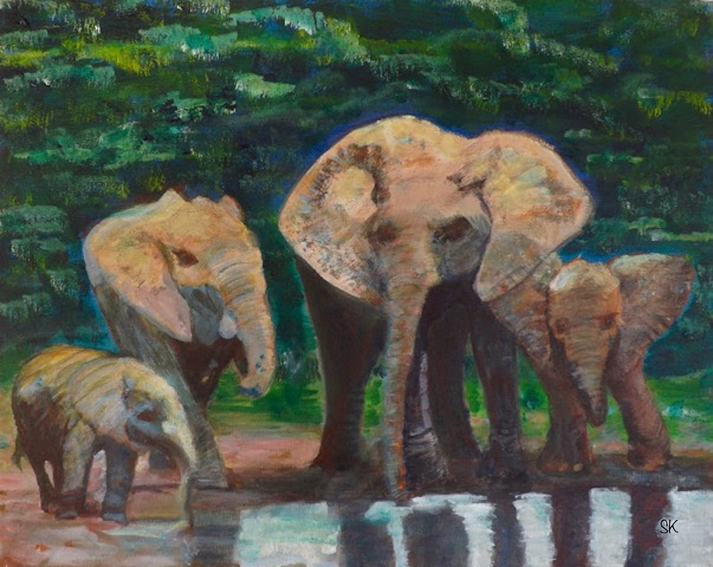 Acrylic painting by Sherry Killam Arts, realistic rendering of an elephant family at a water hole against a dense green forest.