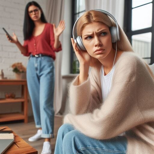 person is facing someone listening to music in their living room that appears pleasant but they are irritated 