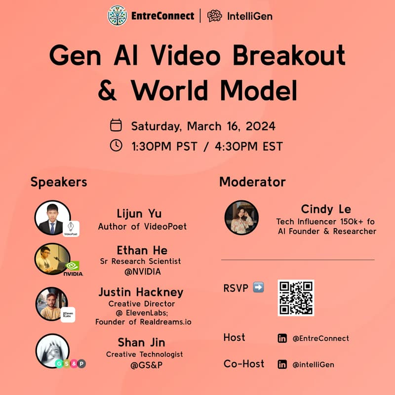 Cover Image for Gen AI Video Breakout and World Model by EntreConnect - #Sora #Genie #VideoPoet #V-JEPA #LTXStudio #AnimateDiff