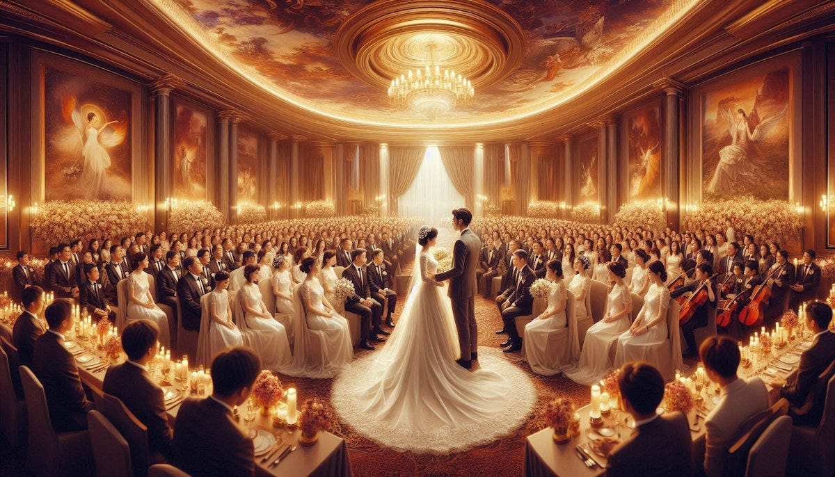 "A Chinese Christian Wedding. Luxurious settings. Beautiful picture, bride, groom, and parents and family on both sides, both young and old. Photorealistic. Choir with an orchestra of instruments. Panoramic Picture."