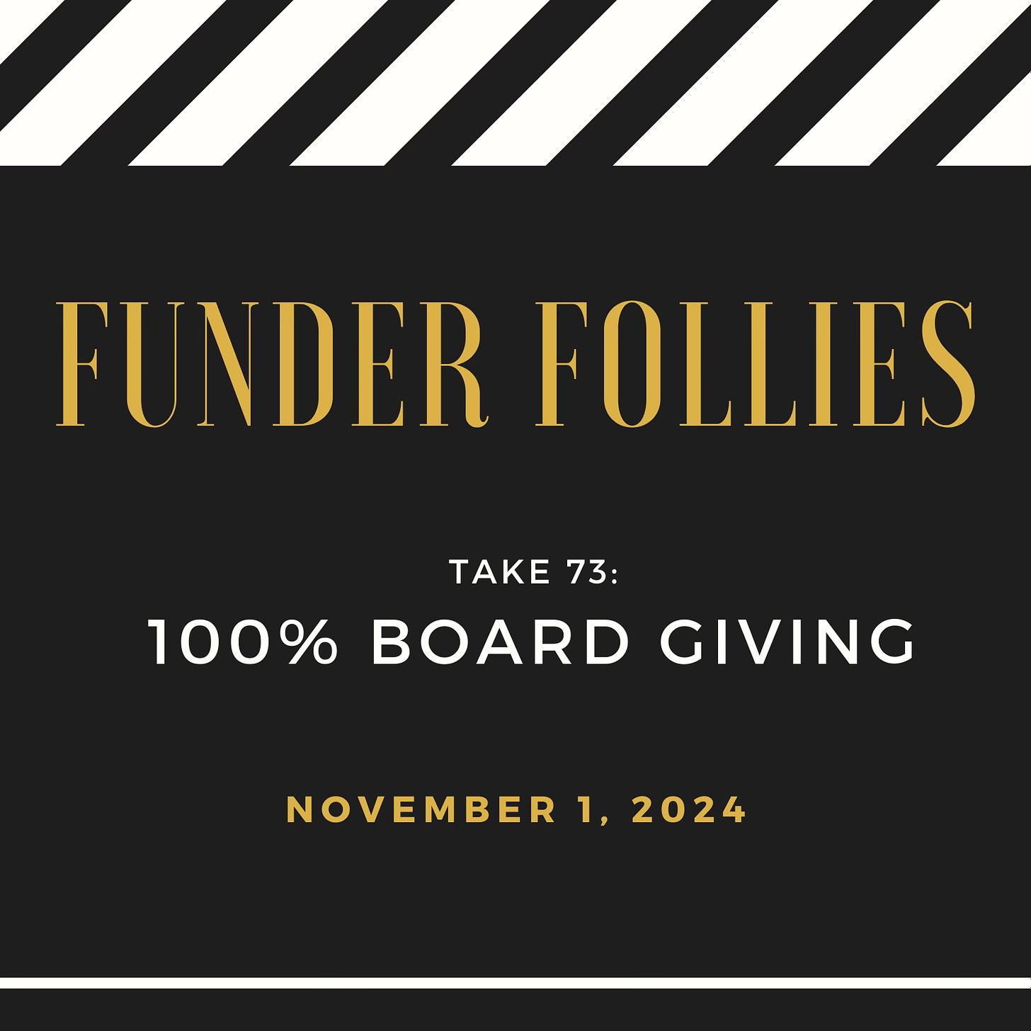 Black and white film clapper board with Funder Follies, Take 72: 100% Board Giving, published November 1, 2024