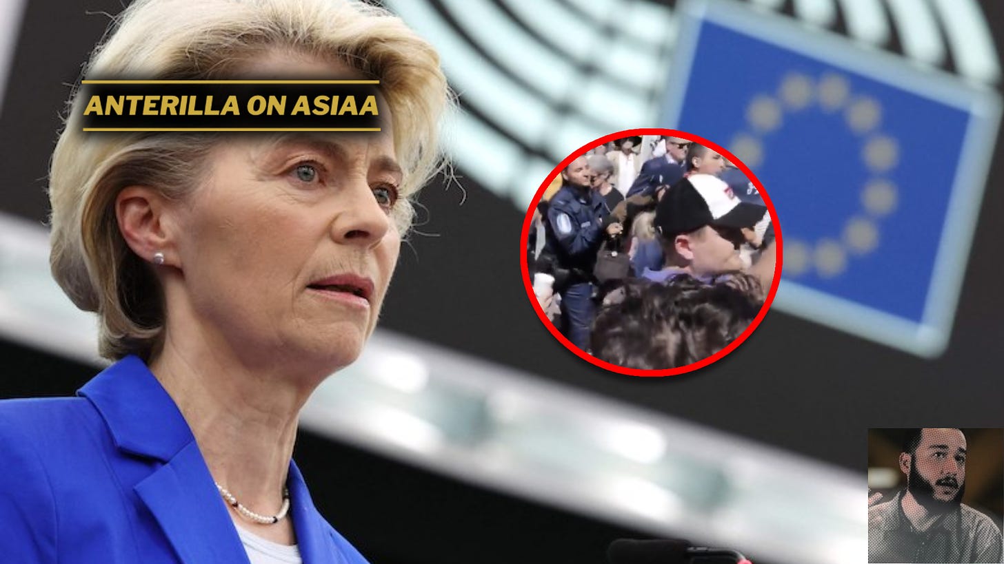 People from the crowd got arrested for freedom of speech, as the European Commission President boasted about “European freedom of speech”.
