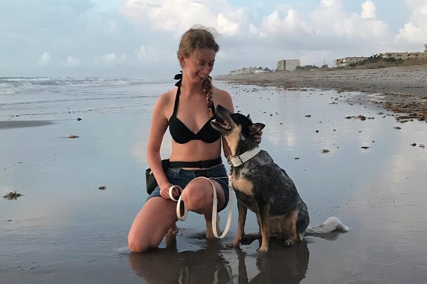 Scout the blue heeler with her owner on the dog-friendly section of Cocoa Beach enjoying a beautiful sunrise