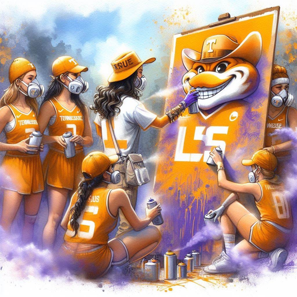 The Tennessee Lady Vols spray-painting a poster with LSU's mascot on it, watercolor