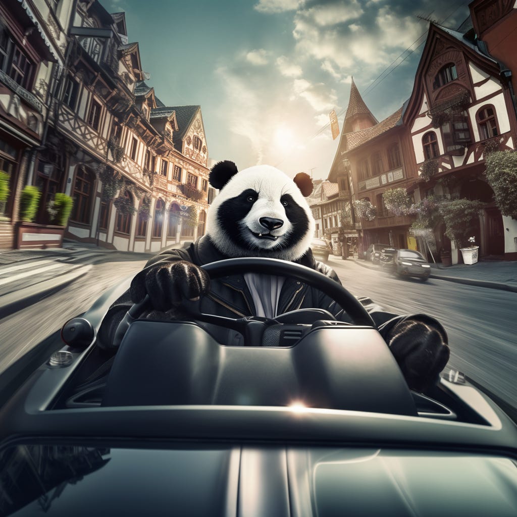 A panda driving a supercar through a German town. 