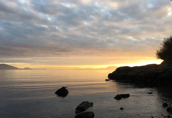 An expanse of still water under mottled clouds with a slit of bright dawn light at the horizon. Tree and rock outcropping silhouetted on the right.