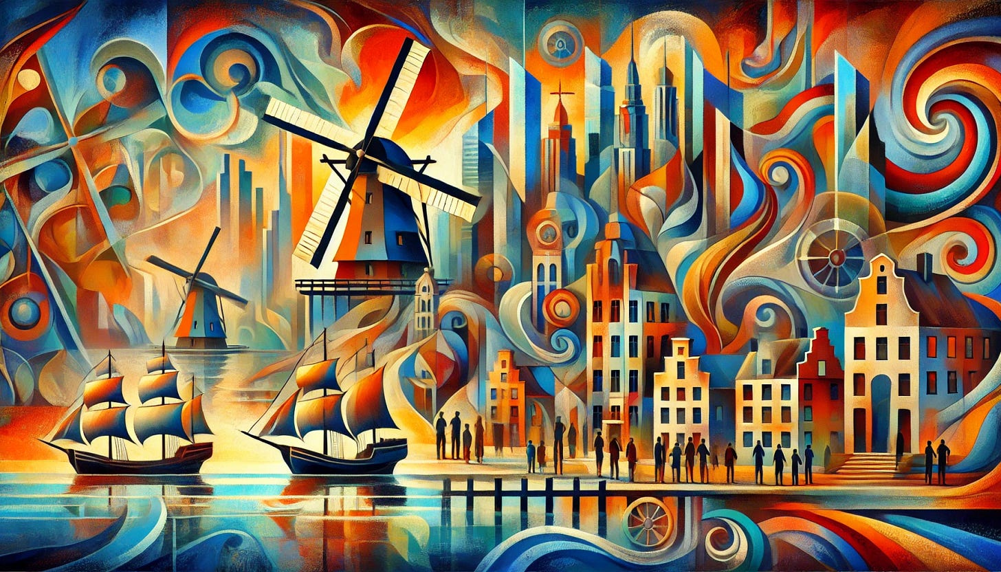 A vibrant, abstract representation of 17th-century New Amsterdam, symbolizing the merger of Dutch and English culture in the early days of the city. The composition should feature bold colors and dynamic shapes, evoking the energy of trade, cultural exchange, and the foundation of a metropolis. Dutch windmills and English ships blend into an evolving cityscape, suggesting the future rise of New York. The harbor is alive with abstracted figures—traders, merchants, and settlers—interwoven in a surreal, painterly style. The skyline subtly hints at the towering city that will one day emerge, merging past and future in a striking 16:9 composition.
