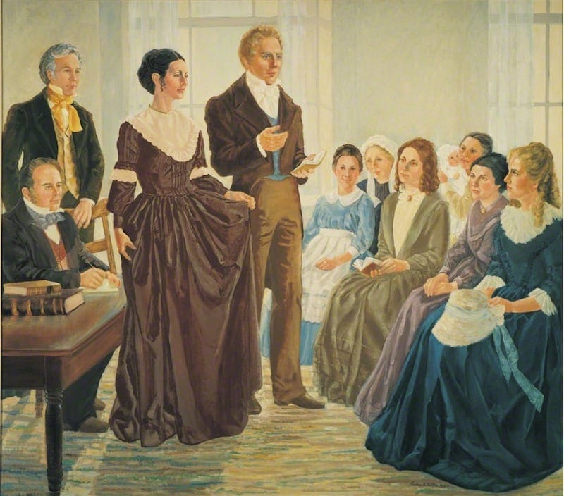 An artist’s depiction of Joseph Smith, with Emma Smith, organizing the Relief Society organization.