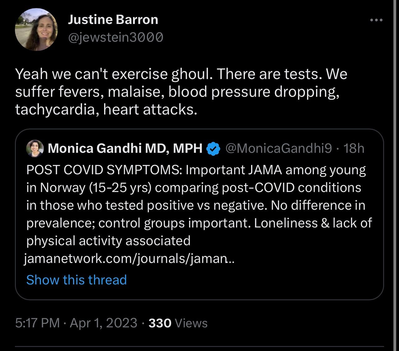 @jewstein3000 takes Monica to task for saying that Long COVID in kids is actually caused by lockdowns 