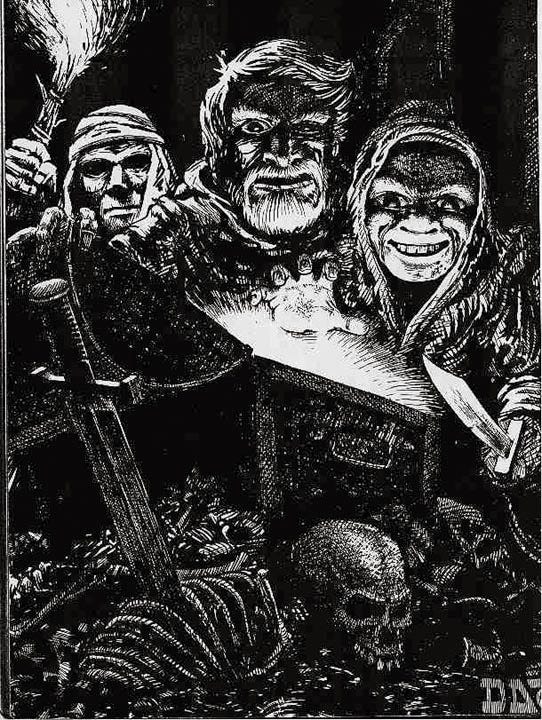 Black and white image of adventurers plundering a big treasure pile