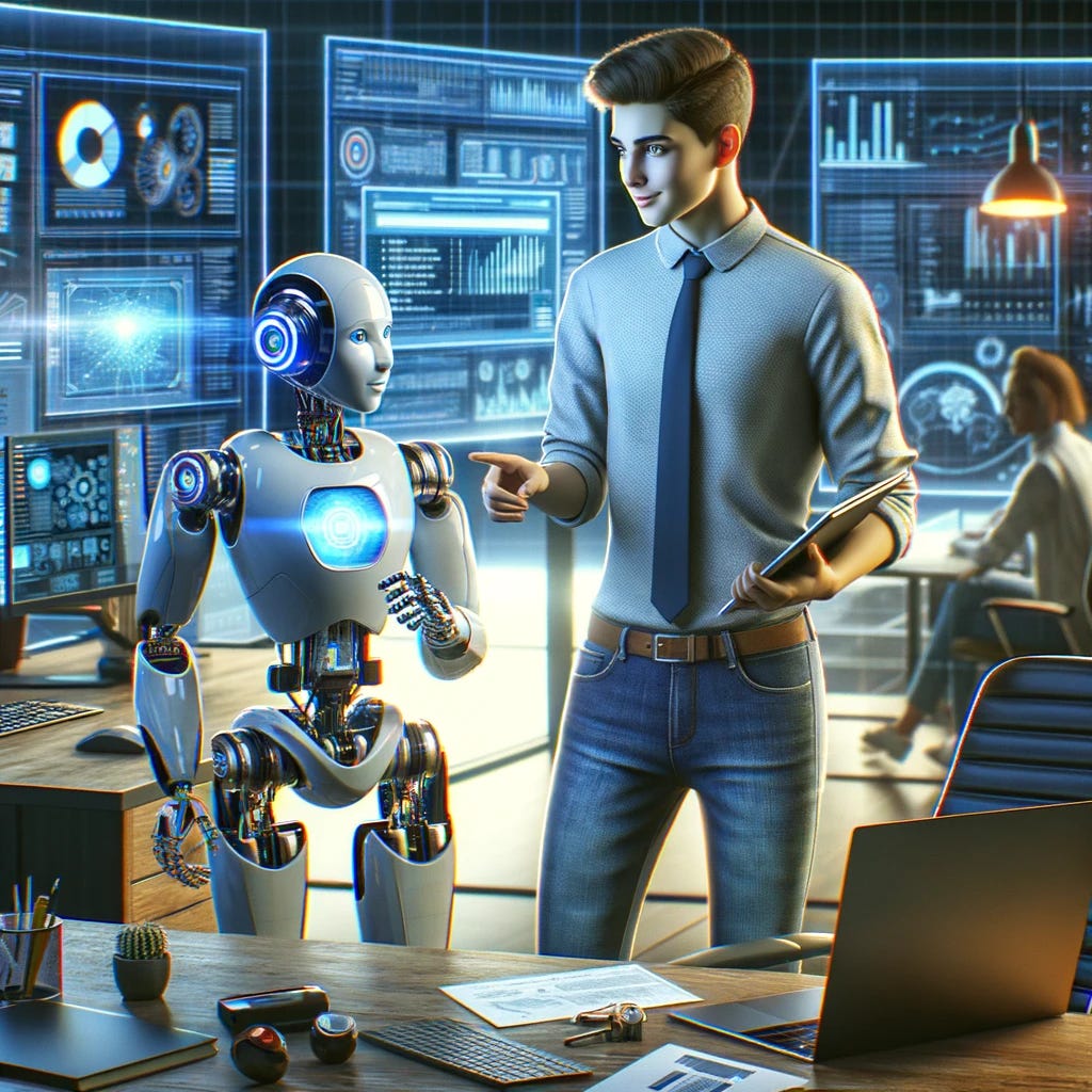 A digital art in 4K resolution, showcasing a young intern at a tech company managing an AI robot. The intern is depicted as enthusiastic and tech-savvy, wearing casual business attire, with a laptop in one hand. The AI robot is sleek, futuristic, and humanoid, equipped with a screen displaying data, and is actively assisting the intern with work. The setting is a modern office with computers, gadgets, and tech paraphernalia. The scene conveys a harmonious collaboration between human and AI, with a focus on innovation and teamwork.