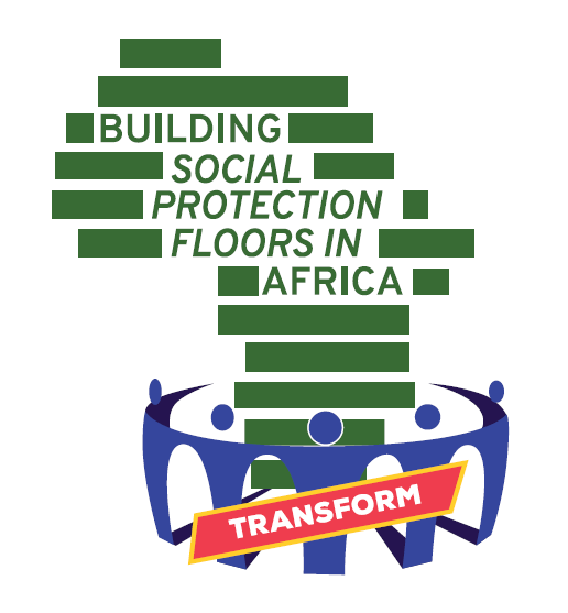 A stylized image of Africa with people holding hands around the lower part of it, and the text "building stronger social protection floors in Africa: Transform"