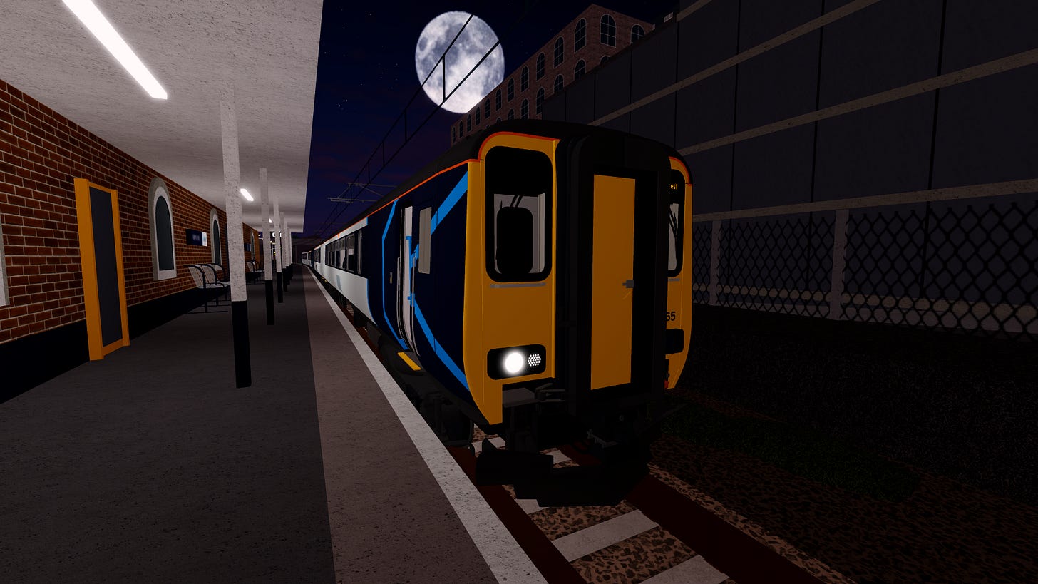 A Class 156 diesel multiple unit train terminating at Leighton West. The train has a yellow front, and a blue-and-white livery. Taken in Stepford County Railway, a Roblox game.