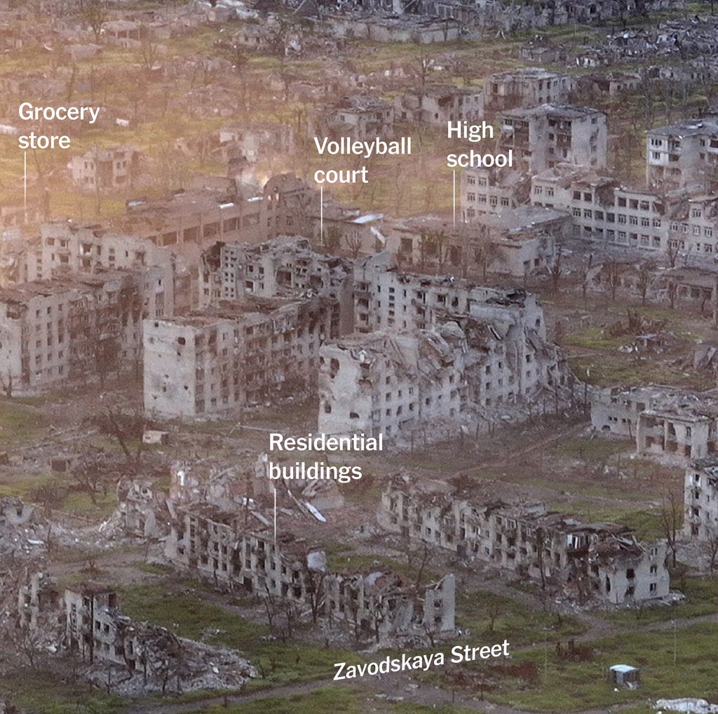A drone image above the destroyed buildings in Marinka 