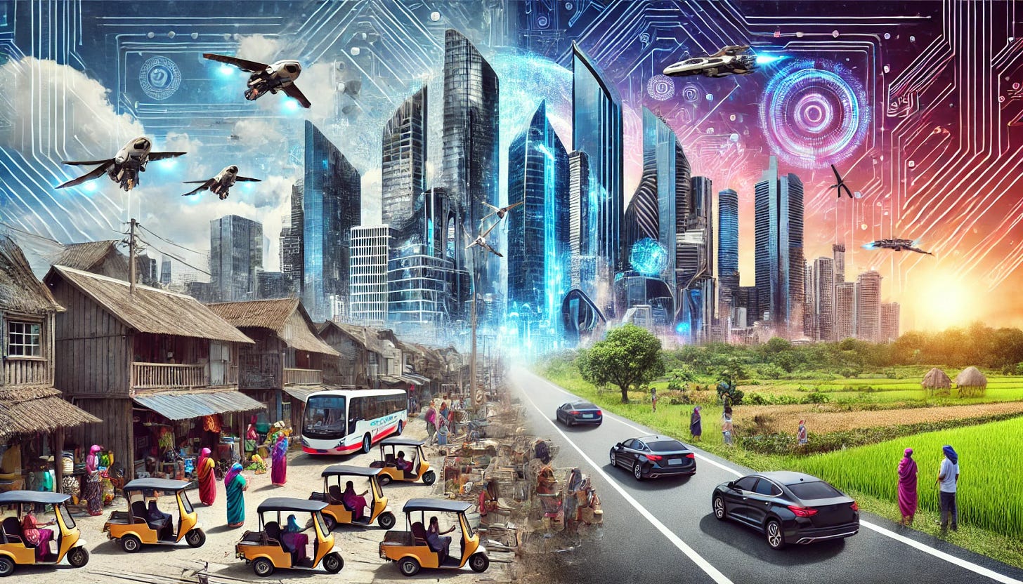 A futuristic cityscape seamlessly blending advanced technology and traditional living. One side shows sleek, high-tech skyscrapers with holograms, flying cars, and robotic assistants. The other side contrasts with a rural area where people use older technology, like hand tools and basic transportation, symbolizing the uneven distribution of futuristic innovations. The image is balanced and vibrant, capturing both progress and disparity in a visually compelling way.