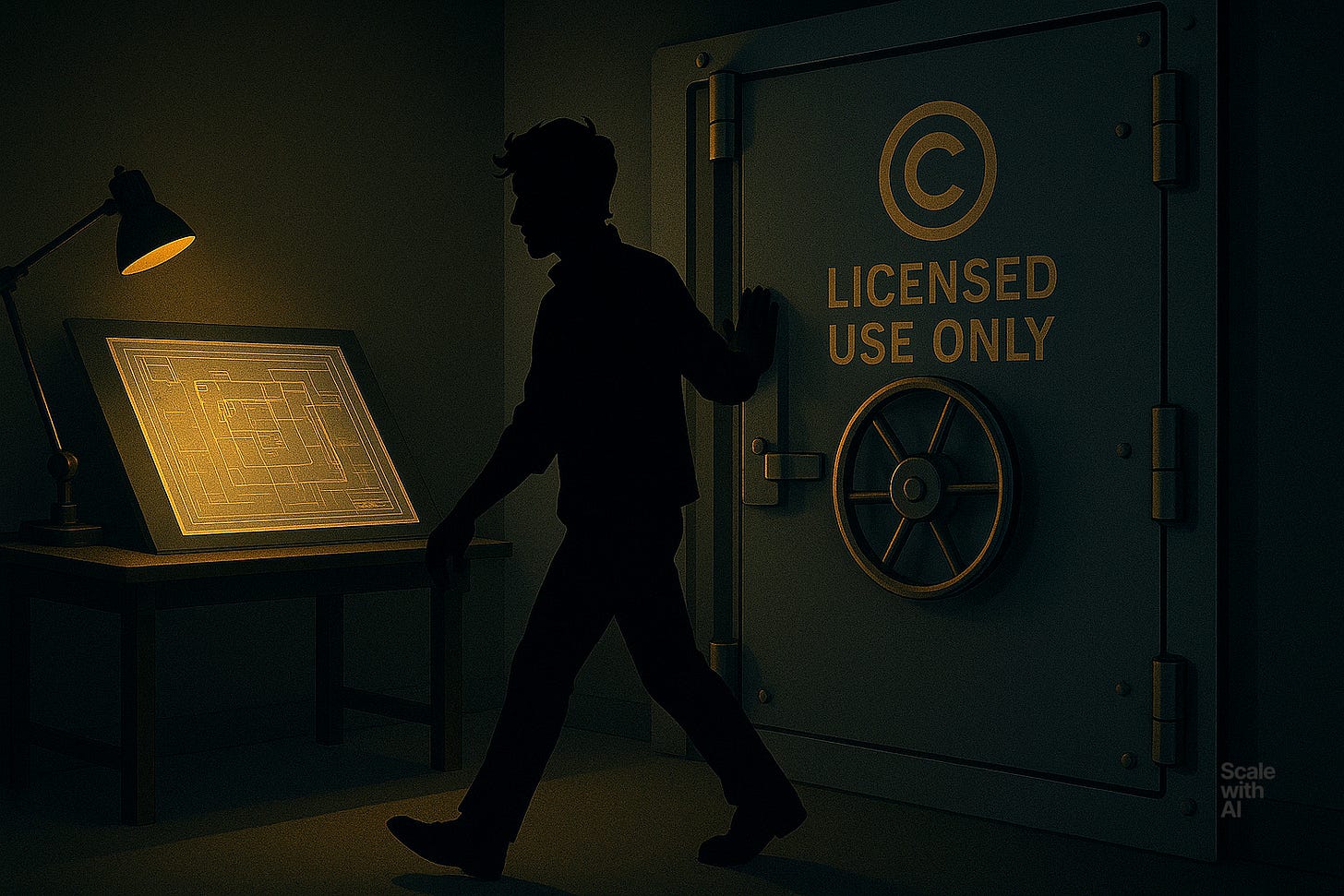 A clean transition scene: a creator walking away from an open blueprint table, shutting a heavy vault door behind them. The blueprint glows faintly—but the vault is marked with a copyright and "LICENSED USE ONLY."  ©SWAI Scalewithai.email