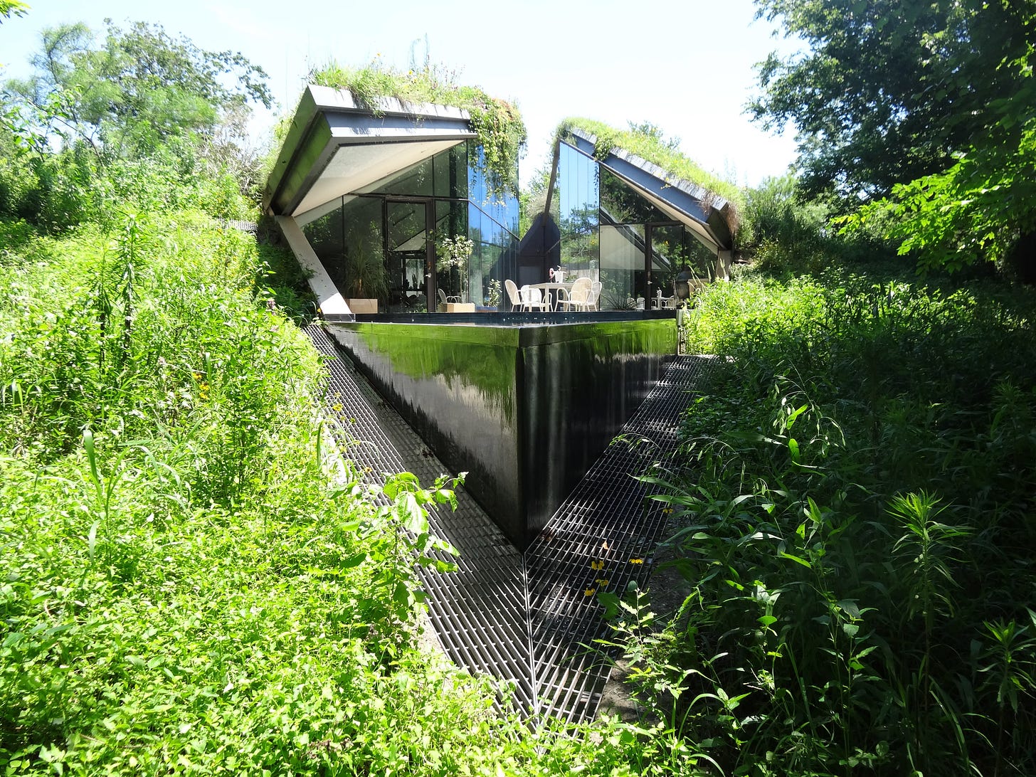 Edgeland House from the back, showing green foliage above and around the half-buried structure