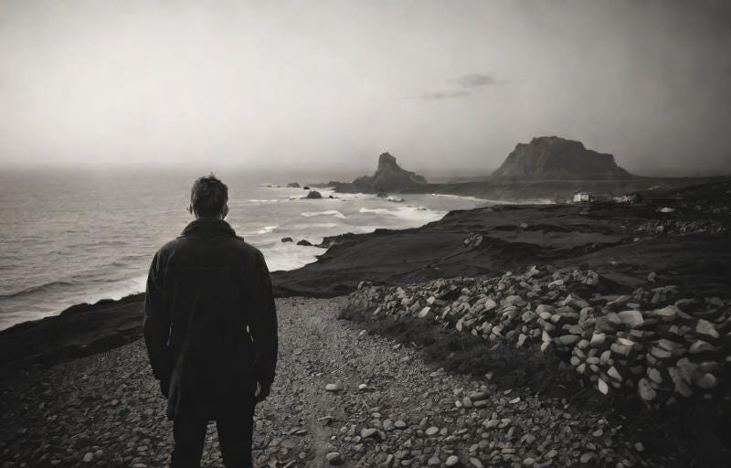 wide-angle image of a horizon, horizontal format, rugged landscape, small figure in foreground, ocean view