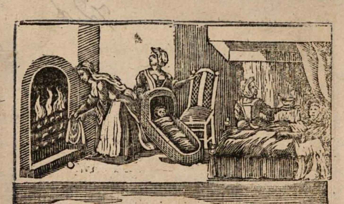 An 18th-century woodcut illustration showing a baby swaddled in a cradle and its mother in bed, being offered a bowl of food by a woman who sits at the side of the bed. Two other women are in the room - one standing behind the cradle and the other drying a piece of material at the large fireplace.