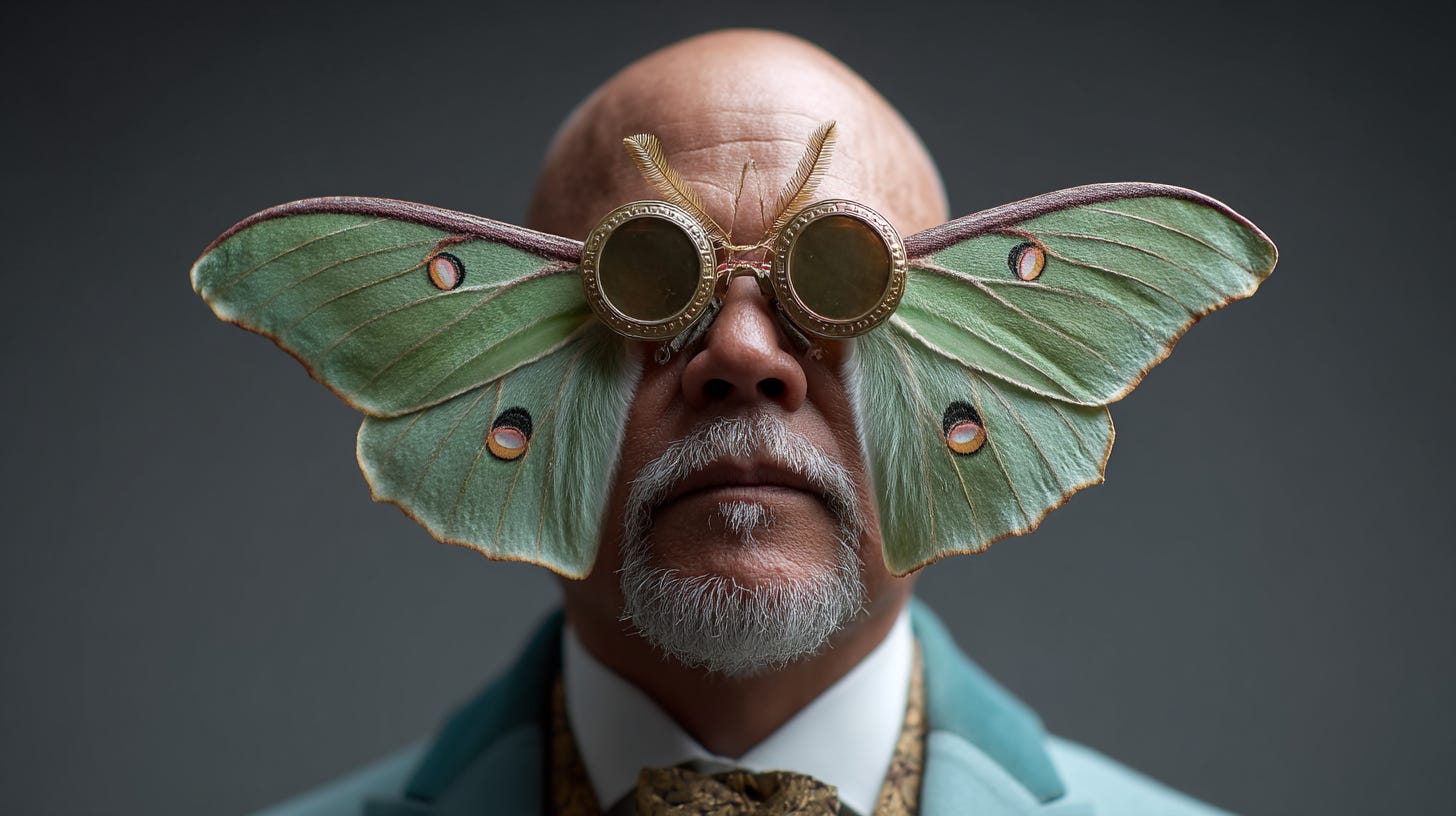 a portrait photograph of a luna moth man --ar 16:9 --profile 8vp7yun --v 7