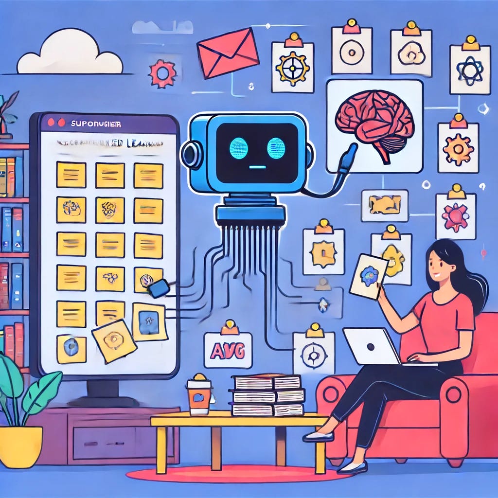 Illustration of supervised learning with a teacher using labeled flashcards to teach a machine learning model.