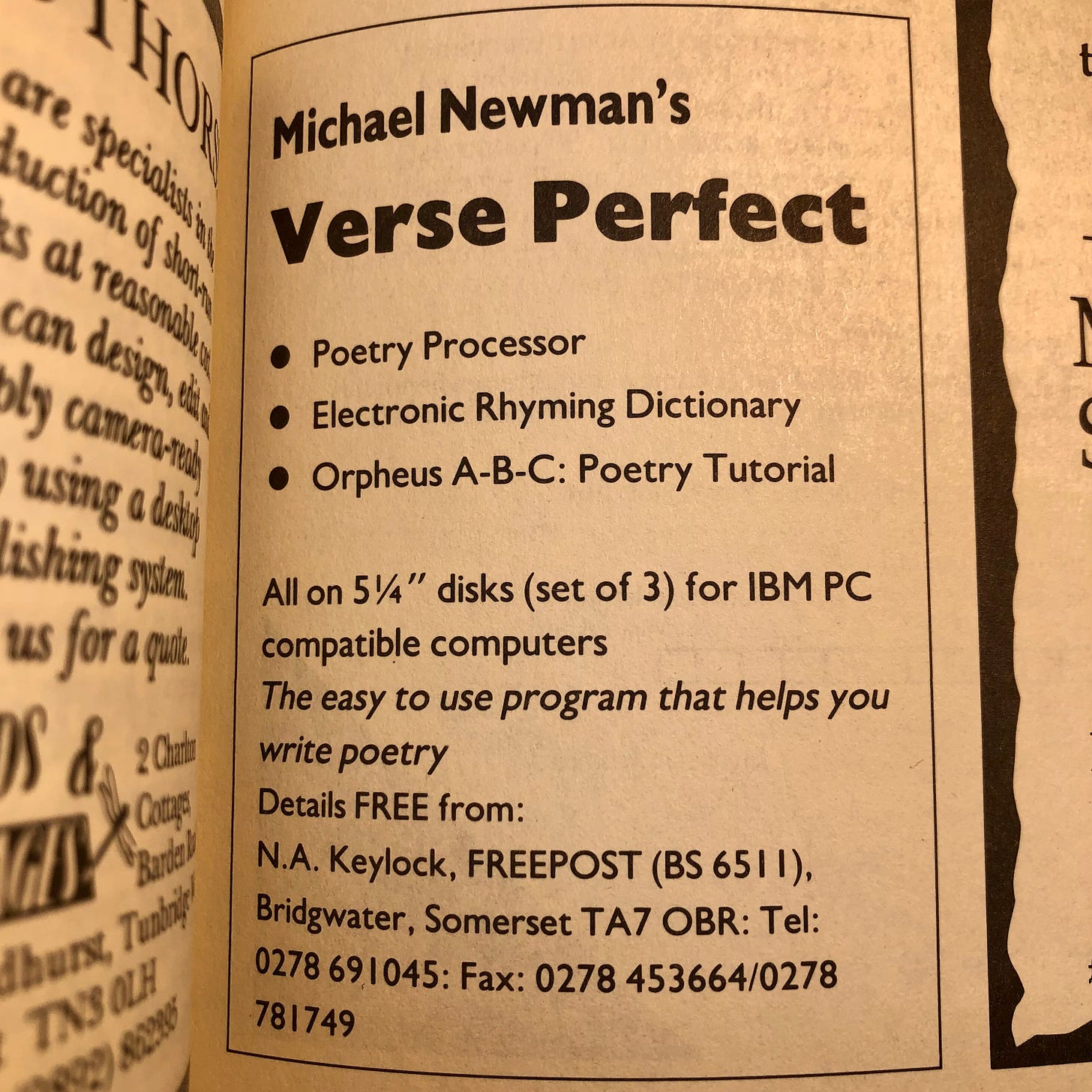 Printed box ad for Michael Newman's Verse Perfect software package, offering a set of 3 disks by post