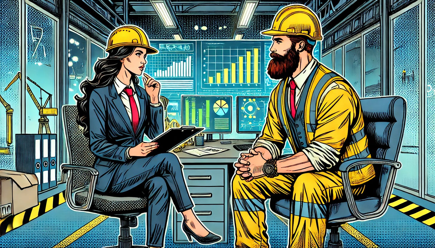 A comic book-style illustration of a female professional in a suit wearing a yellow safety helmet interviewing a male construction worker with a long beard, also wearing a yellow safety helmet. They are sitting in an office, with the female holding a clipboard and the male attentively responding. A computer monitor in the background displays technical charts and graphs. The scene is depicted with vibrant colors, bold dark lines, and a dynamic interaction between the characters. The office setting includes a desk, papers, and other engineering-related elements.