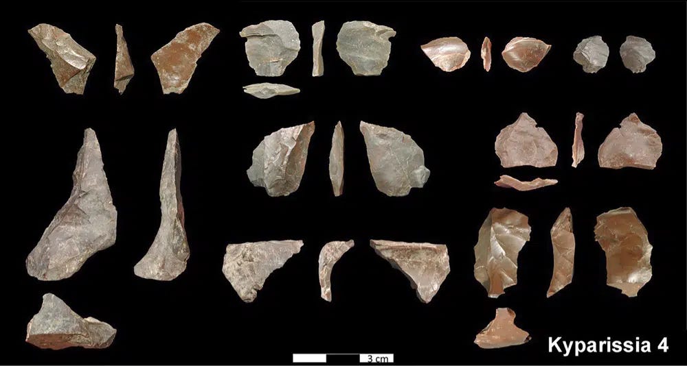 In this undated photo provided by the Greek Culture Ministry, on Thursday, June 1, 2023 shows stone tools dated about 700,000 years ago. The Culture Ministry said that a five-year international project in Megalopolis, southern Greece, has uncovered the oldest-known archaeological site in the country, pushing back the dawn of Greek archaeology by up to 250,000 years. (Greek Culture Ministry via AP)